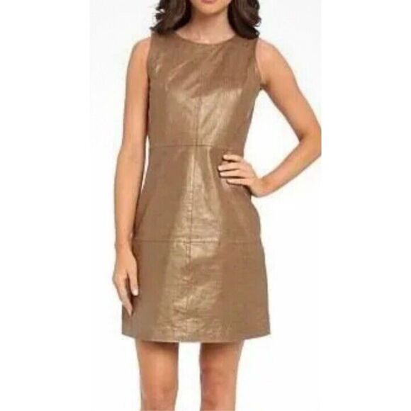 Badgley Mischka "Belle" Sleeveless brown Gold Genuine Leather Dress Sz 4 Small A - Picture 1 of 9